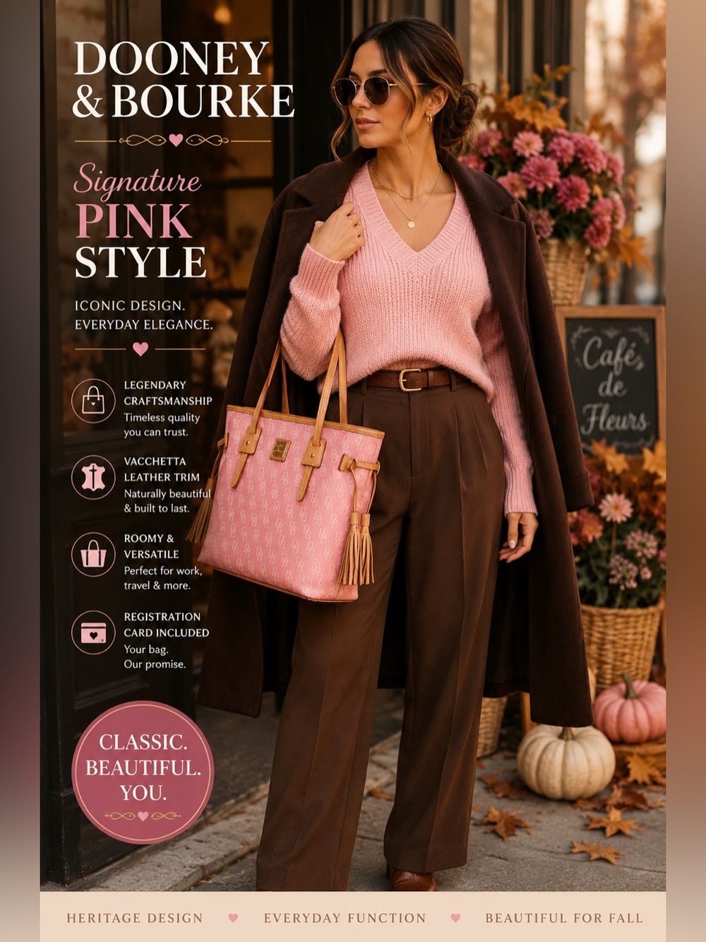 Dooney & Bourke DB Signature Shopper Tote HP680 in Pink & Gold w/ Vachetta Trim